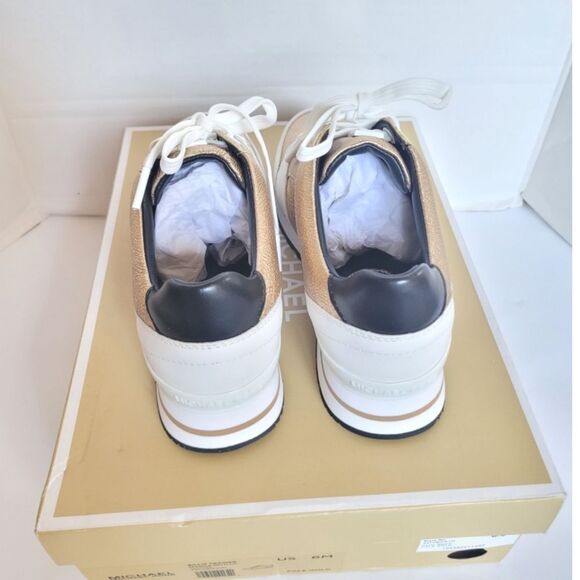 New! MICHAEL KORS Women's Billie Leather Sneakers Trainer Shoes Size 6 Pale Gold - Picture 14 of 15